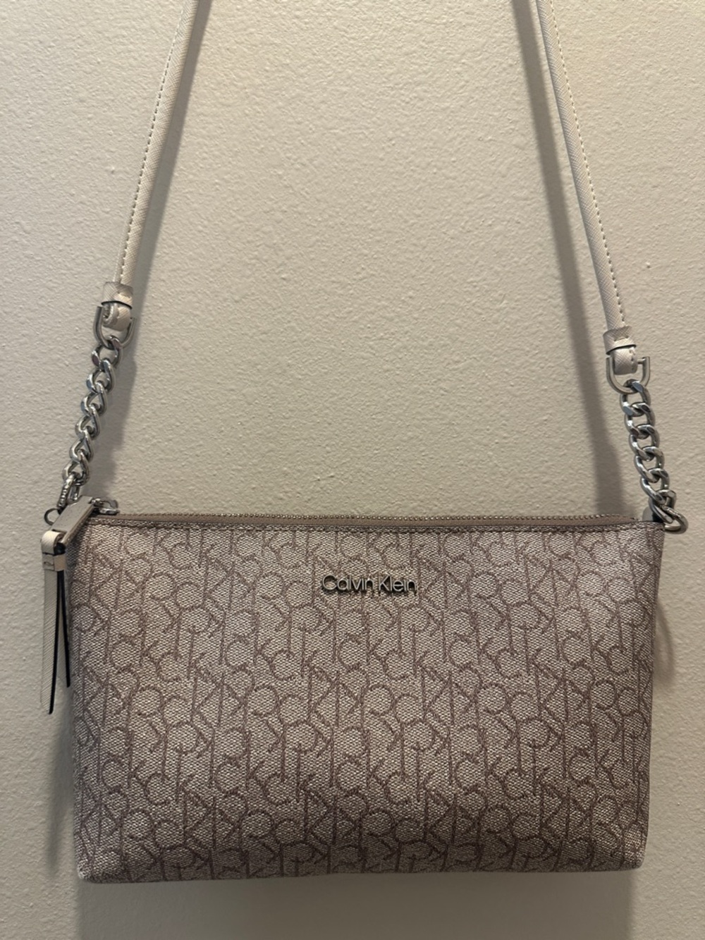 Calvin Klein Beige/Pink Monogram Chain Strap Crossbody